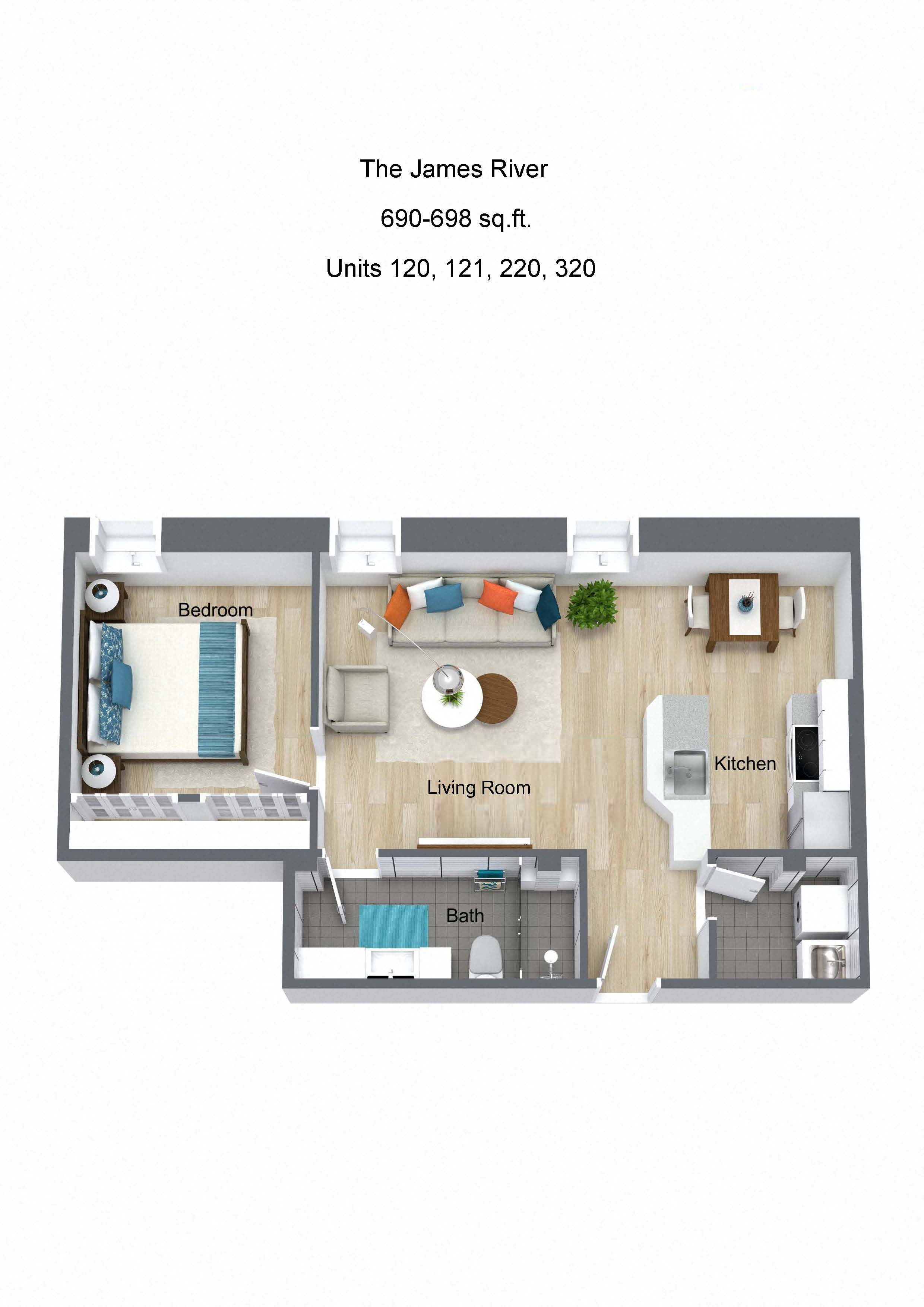 Floor plan for 1 bed, 1 bath, 698 sqft